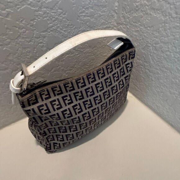 Fendi Zucchino Mini Bag Navy White FF Logo Slouchy Baguette Shoulder Purse - Picture 2 of 15